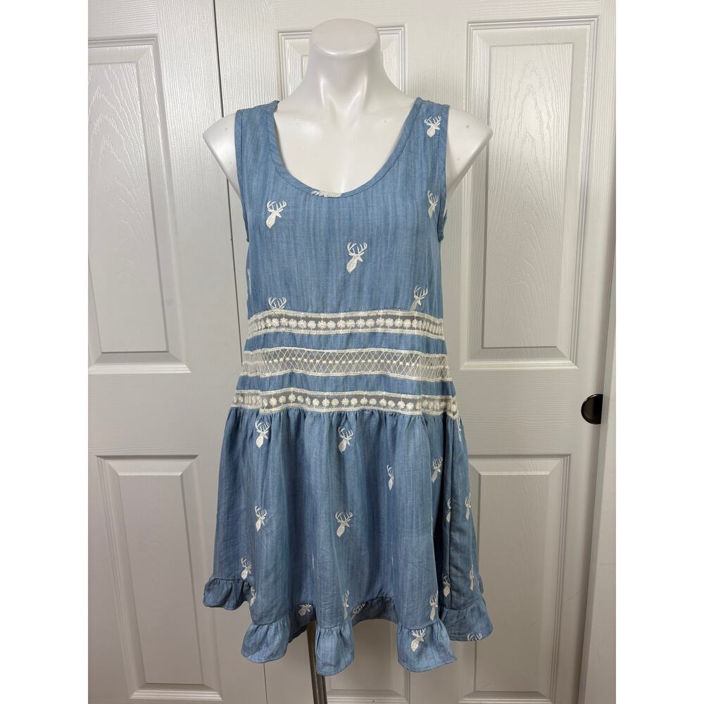 Judith March Tunic Tencell Dress Sleeveless Small Blue Deer Print